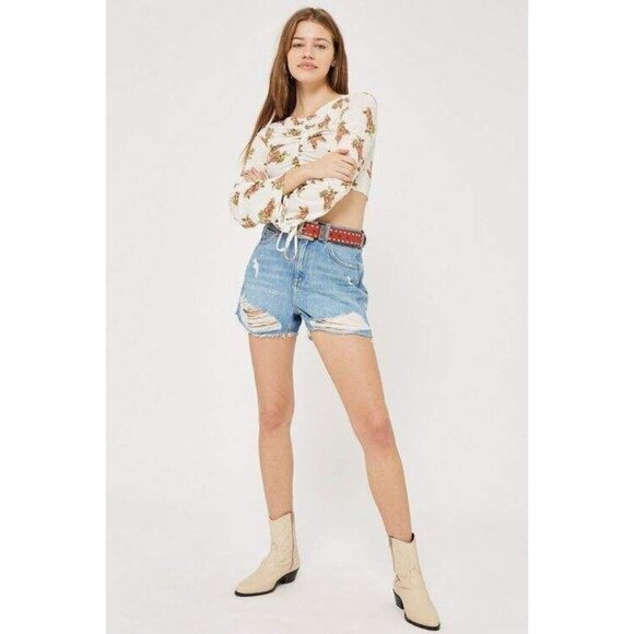 Topshop Mom Shorts Blue Denim Distressed Authentic High Waist NWT - Picture 2 of 13
